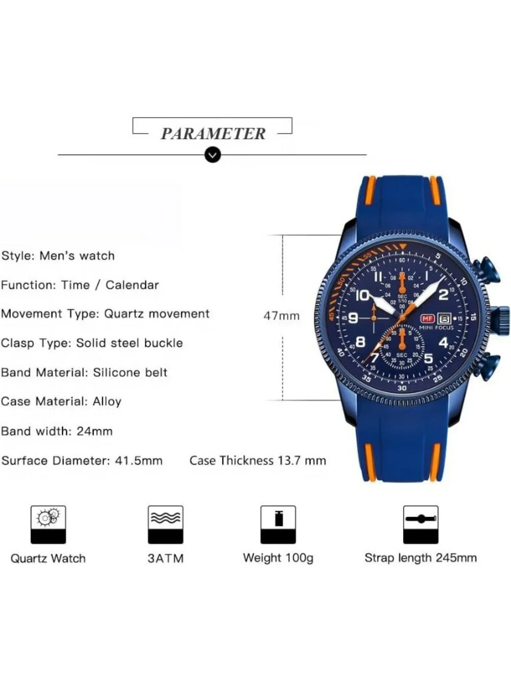 Men's Blue And Orange Analog Quartz Waterproof Chronograph Stylish Casual Watch